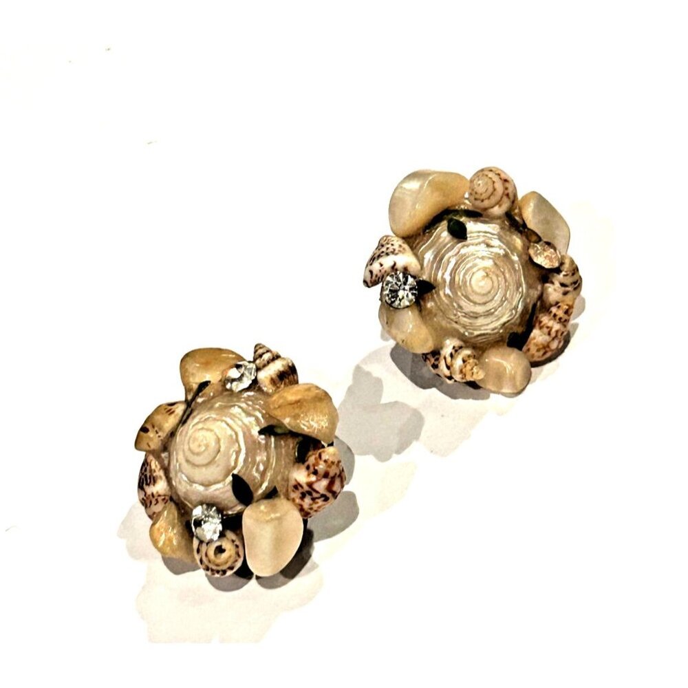 JAPAN VINTAGE 1940S SEASHELL CLUSTER CRYSTAL RHINESTONES CLIP ON EARRINGS